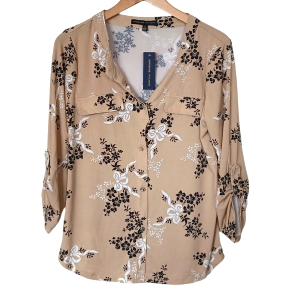 NWT ADRIENNE VITTADINI WOMEN'S TAN AND BLACK FlORAL  3/4 SLEEVE BLOUSE. SIZE M